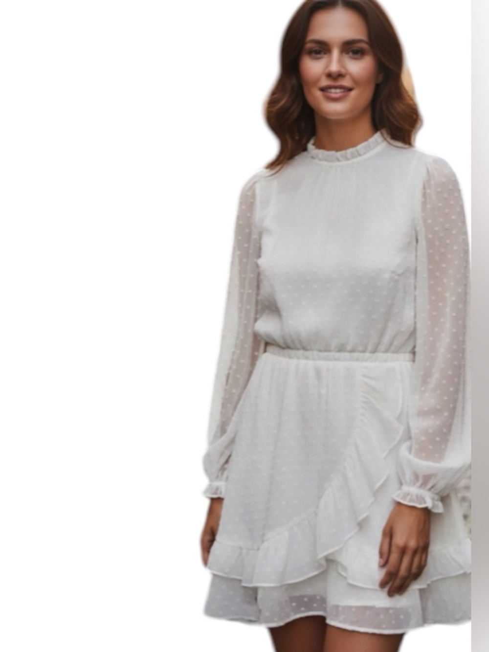 JJS House White Swiss Dot Sheer Sleeve Mini Dress Size 2 Romantic Ruffle Hem